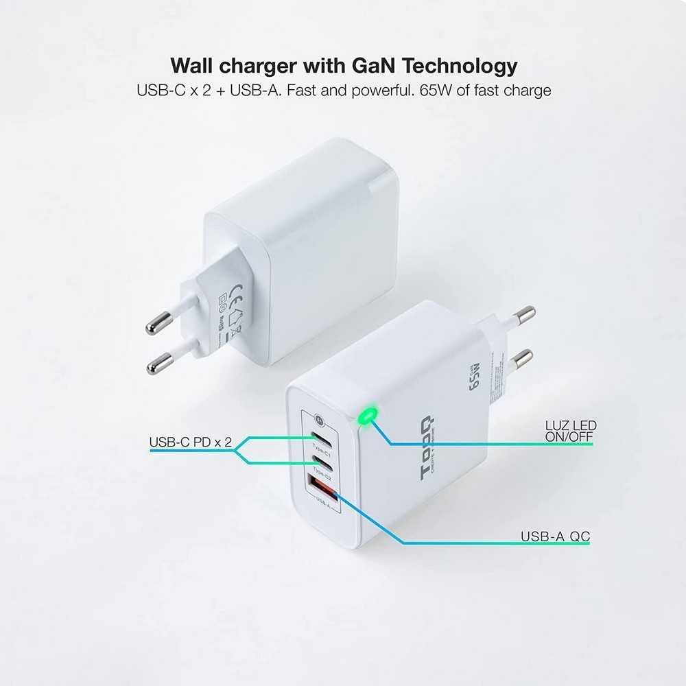 Carregador de Parede GaN TooQ TQWC-GANQC2PD65WT/ 2xUSB Tipo-C/ 1xUSB/ 65W - Imagem 2