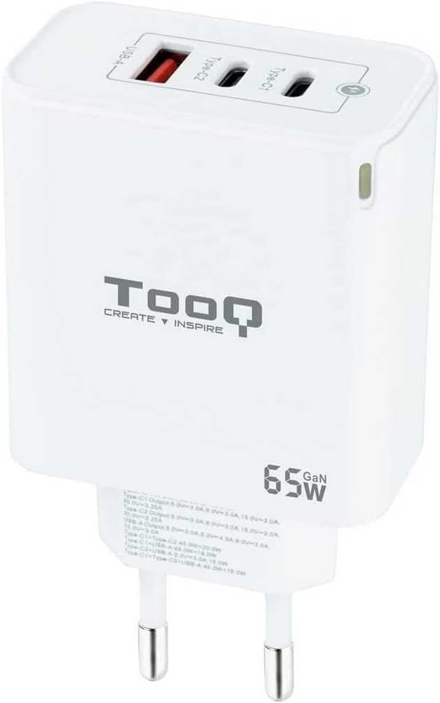 Carregador de Parede GaN TooQ TQWC-GANQC2PD65WT/ 2xUSB Tipo-C/ 1xUSB/ 65W