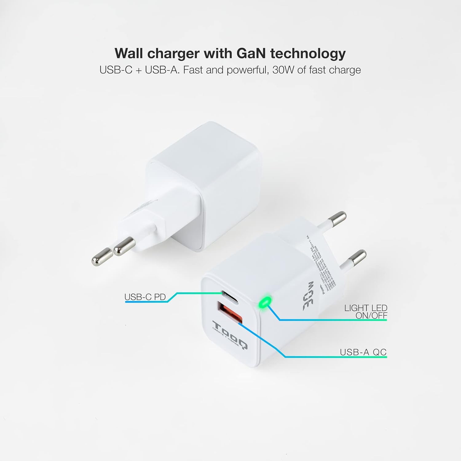 Carregador de Parede GaN TooQ TQWC-GANQCPD30WT/ 1xUSB Tipo-C/ 1xUSB/ 30W - Imagem 2
