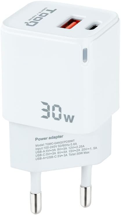 Carregador de Parede GaN TooQ TQWC-GANQCPD30WT/ 1xUSB Tipo-C/ 1xUSB/ 30W