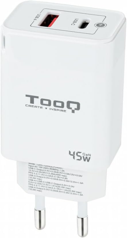 Carregador de Parede GaN TooQ TQWC-GANQCPD45WT/ 1xUSB Tipo-C/ 1xUSB/ 45W