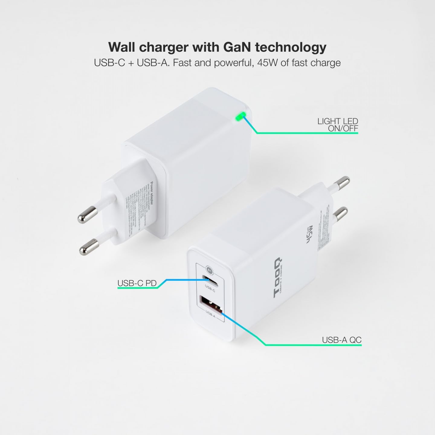 Carregador de Parede GaN TooQ TQWC-GANQCPD45WT/ 1xUSB Tipo-C/ 1xUSB/ 45W - Imagem 2