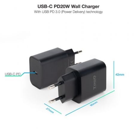 Carregador de Parede TooQ TQWC-PDUSBC20B USB-C Power Delivery 20W Preto - Imagem 2