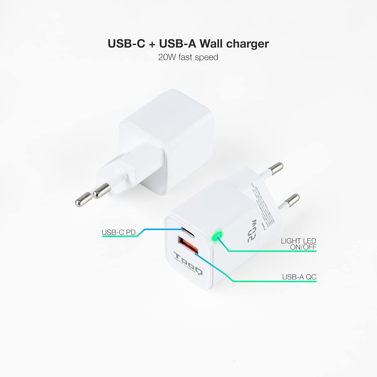 Carregador de Parede TooQ TQWC-QCPD20WT/ 1xUSB-Tipo C/ 1x USB/ 20W/ Branco - Imagem 2