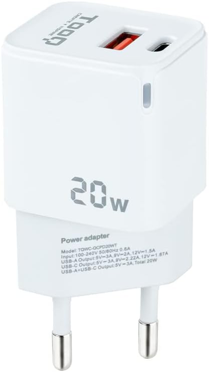 Carregador de Parede TooQ TQWC-QCPD20WT/ 1xUSB-Tipo C/ 1x USB/ 20W/ Branco
