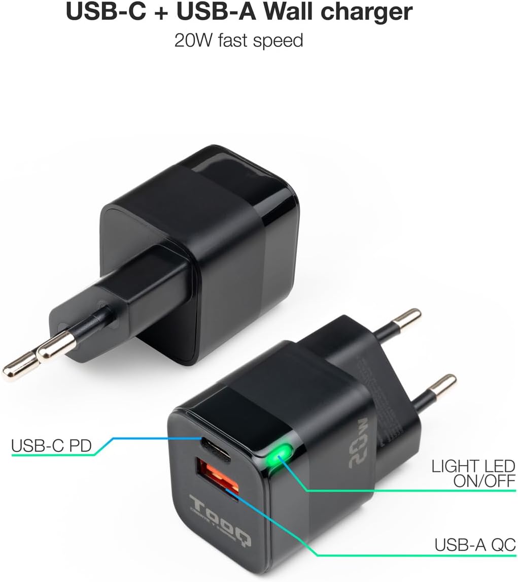 Carregador de Parede TooQ TQWC-QCPD20/ 1xUSB Tipo-C/ 1xUSB/ 20W - Imagem 2