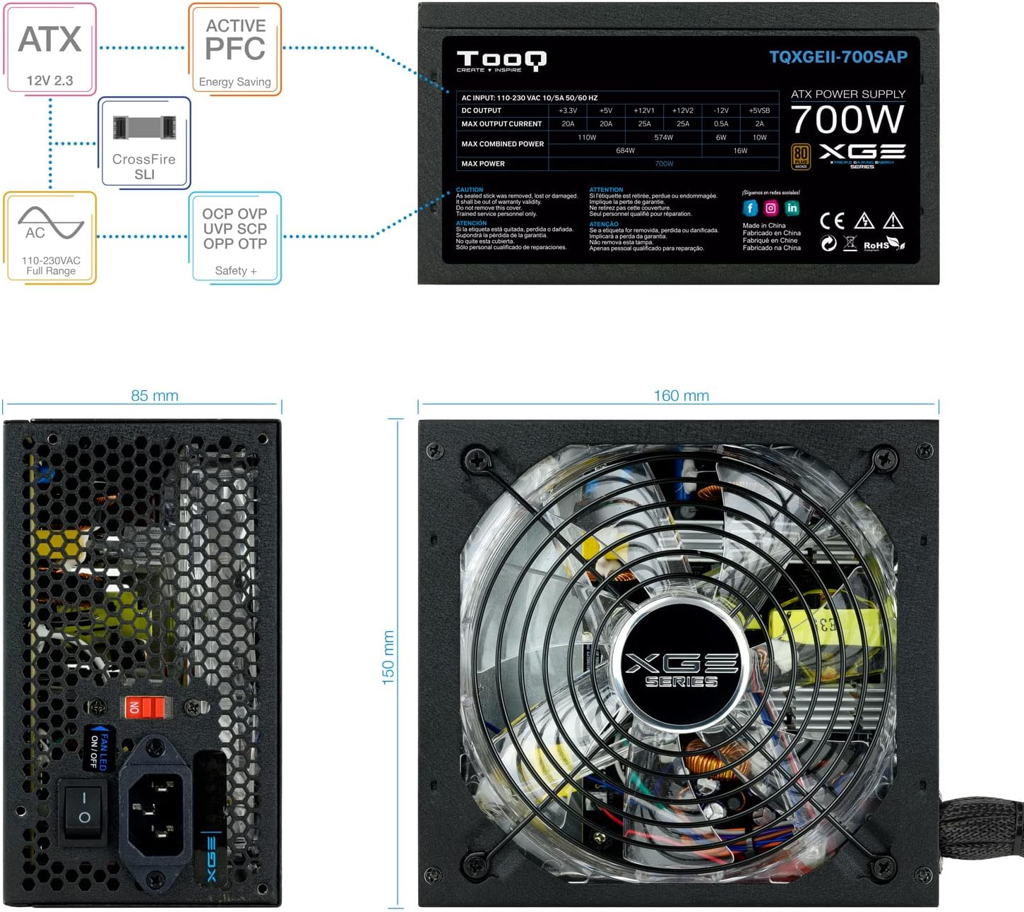 Fonte de Alimentação TooQ TQXGEII-700SAP/ 700W/ Ventoinha de 14cm/ 80 Plus Bronze - Imagem 4