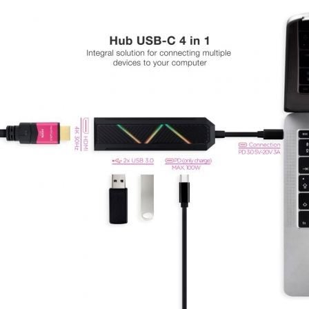 Hub USB-C Nanocable 10.16.0401 4 em 1 com HDMI 4K 60Hz 2x USB 3.1 e USB-C PD 100W Preto - Imagem 2