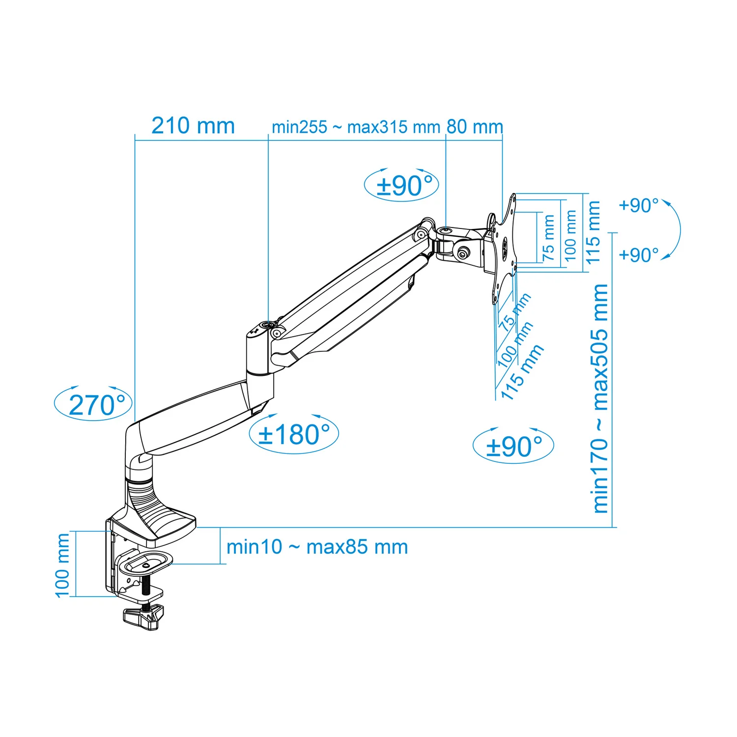 Suporte de Mesa para Monitor TOOQ DB3032TNR-S 13"-32" até 9kg Pistão a Gás VESA 75/100 Prateado - Imagem 11
