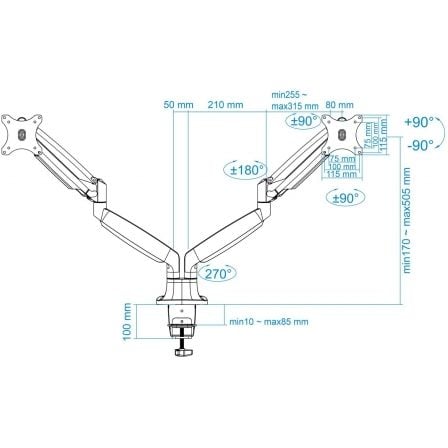 Suporte de Mesa para 2 Monitores TooQ DB3132TNR-S 13"-32" Pistão de Gás VESA até 9kg/Braço Prateado - Imagem 4