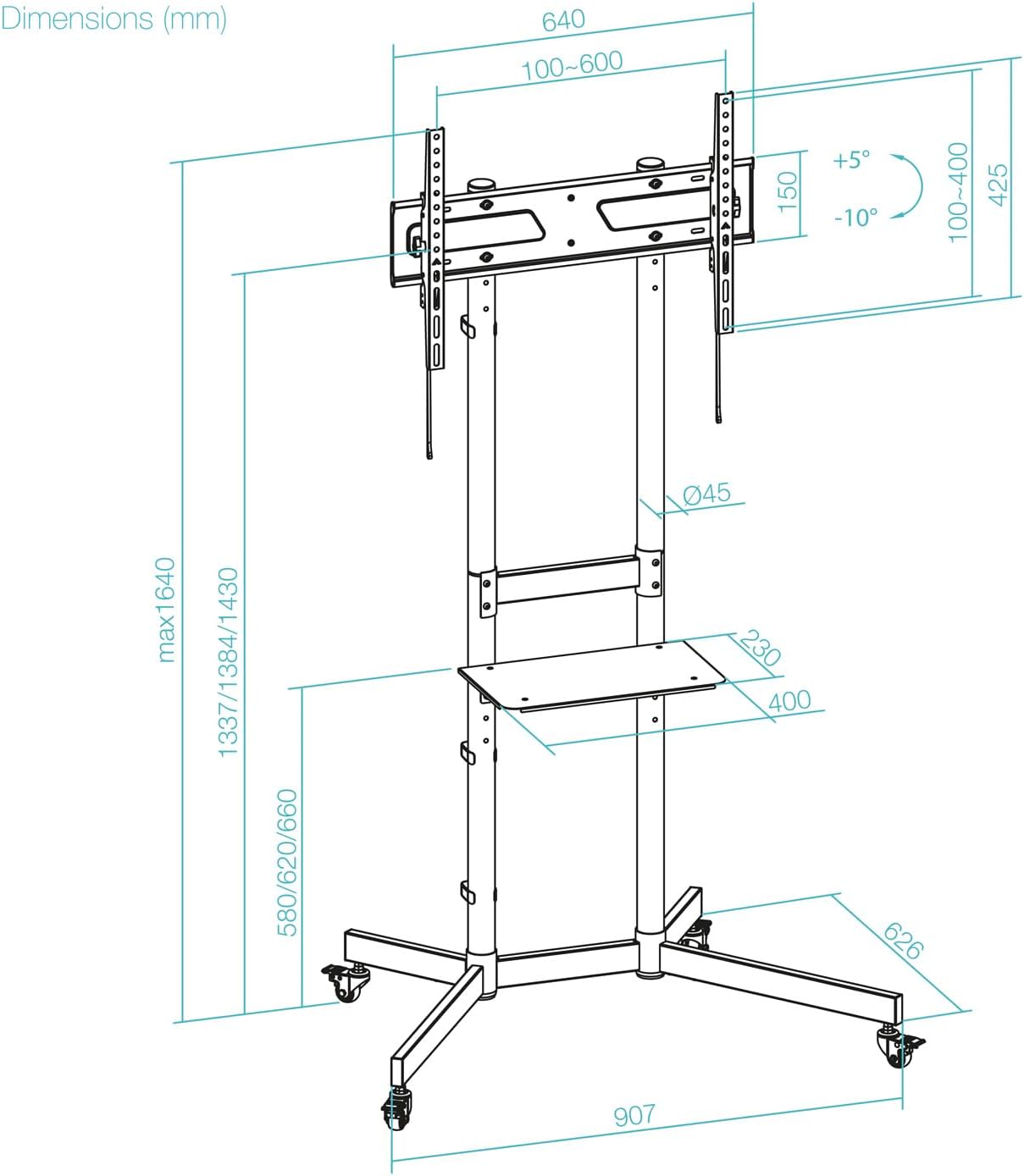 Suporte de Chão Inclinável com Rodas TooQ KEFRÉN FS1150M-B para TV de 37-70"/ até 70kg - Imagem 6