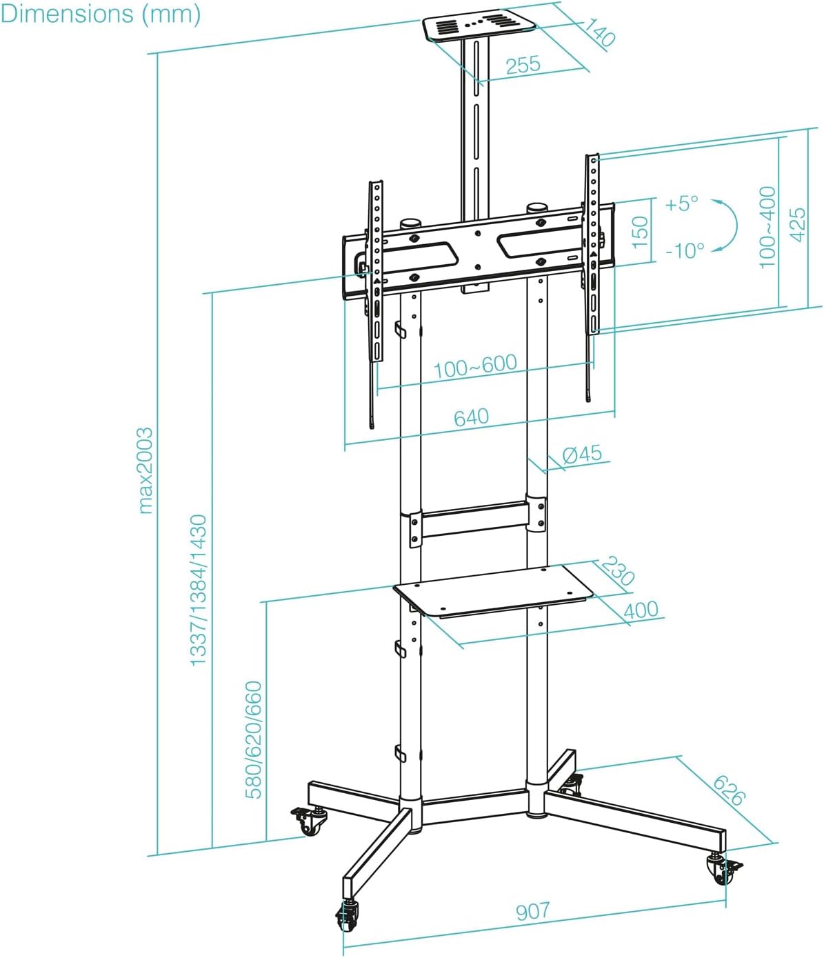 Suporte de Chão Inclinável com Rodas TooQ NEFERTITI FS1151M-B para TV de 37-70"/ até 70kg - Imagem 6