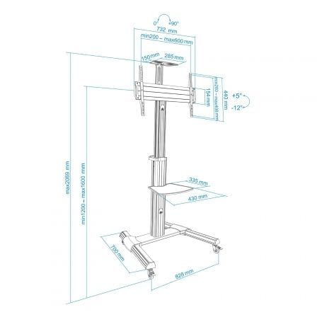Suporte de Chão Inclinável/ Ajustável com Rodas TooQ FS1870M-B para TV de 37-70"/ até 50kg - Imagem 5