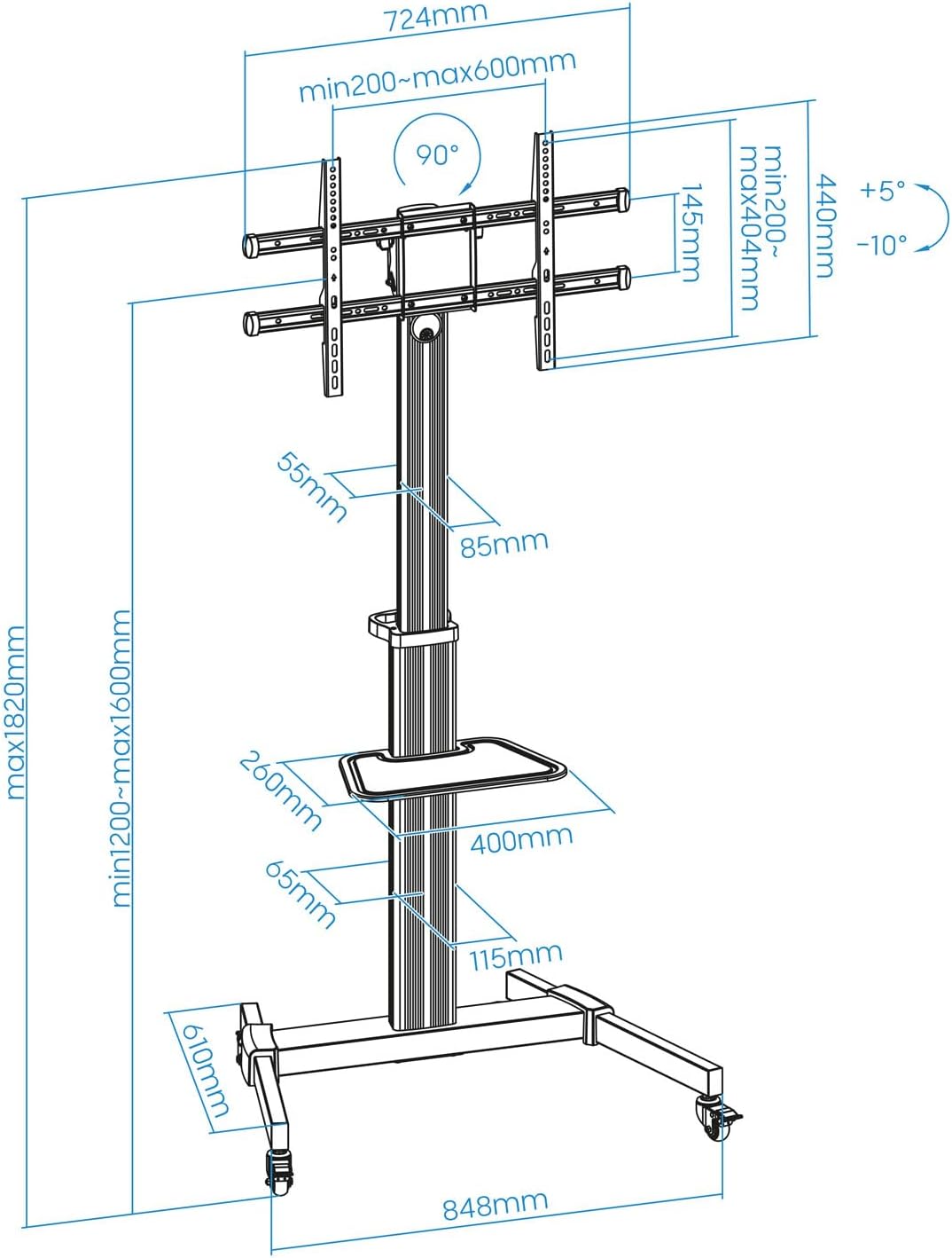 Suporte de Chão Inclinável/ Ajustável com Rodas TooQ FS1886M-B para TV de 37-86"/ até 50kg - Imagem 8