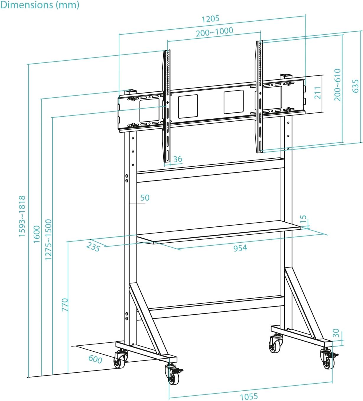 Suporte de Chão Ajustável com Rodas TooQ FS20105M-B para TV de 60-105"/ até 120kg - Imagem 7