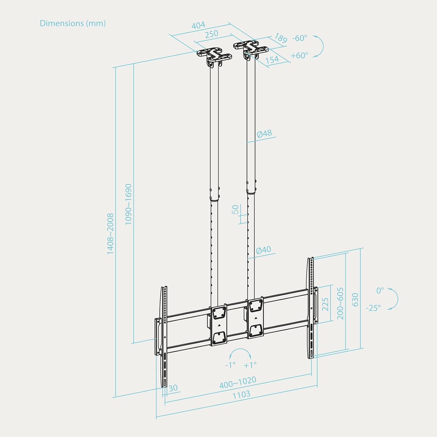 Suporte de Teto TOOQ LPCE11120TSLI-B para TV 60" a 120" até 120kg Extensível Inclinável Preto - Imagem 4