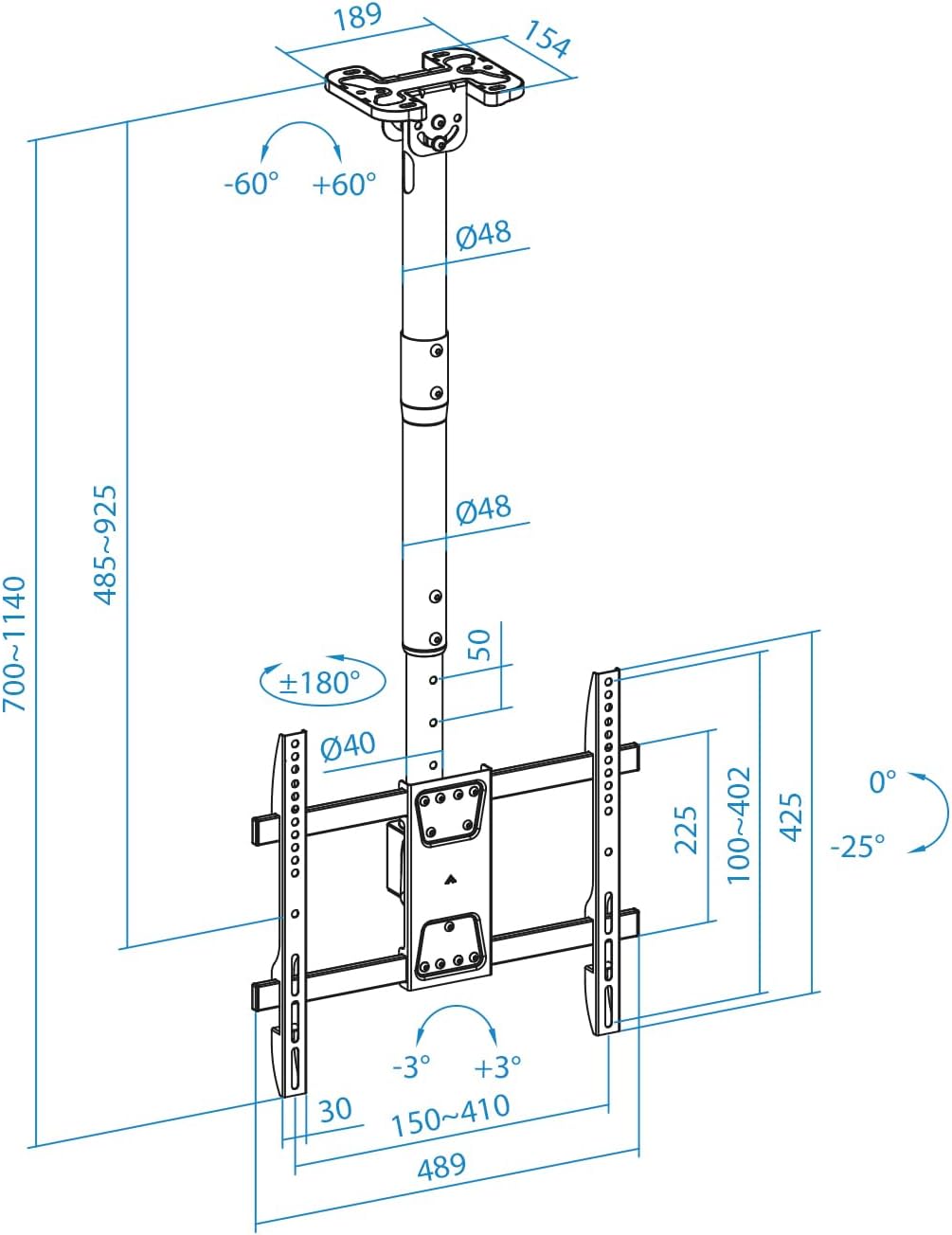 Suporte de Teto Giratório/ Inclinável/ Nivelável TooQ LPCE1175TSLI-B para TV de 32-75"/ até 60kg - Imagem 8