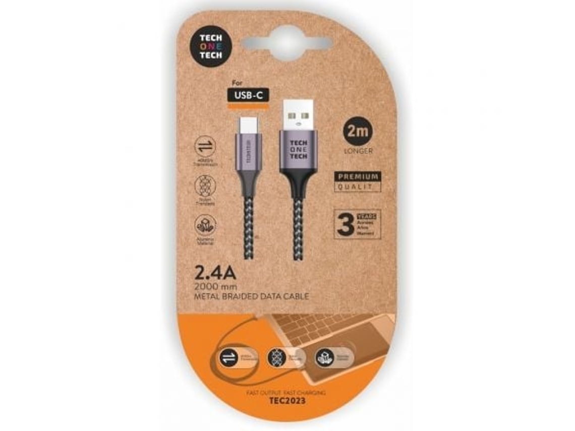 Cabo USB 2.0 Tipo-C Tech One Tech TEC2023/ USB Tipo-C Macho - USB Macho/ 2m/ Cinzento