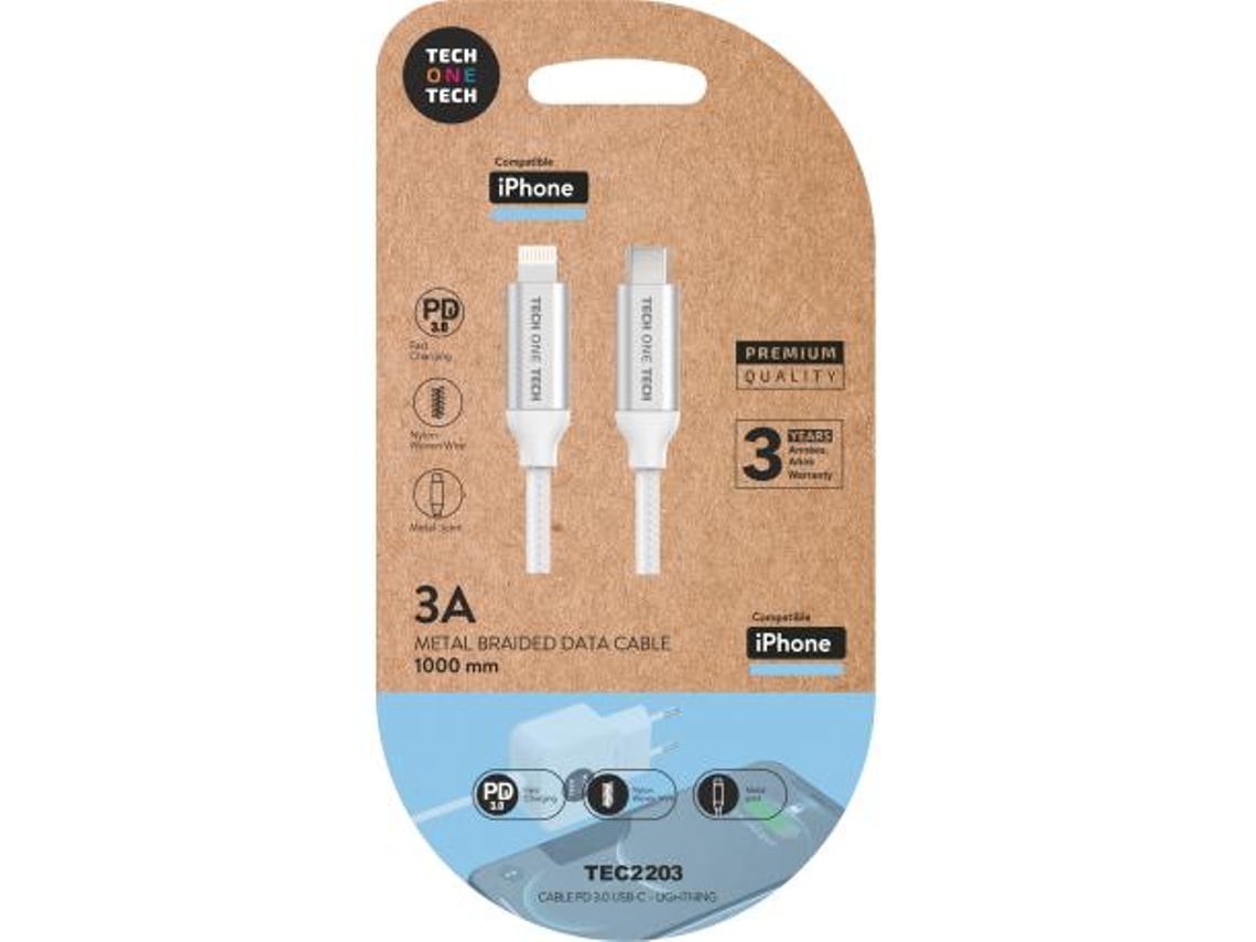 Cabo USB Tipo-C Lightning Tech One Tech TEC2203/ Lightning Macho - USB Tipo-C Macho/ Até 20W/ 480Mbps/ 1m/ Branco