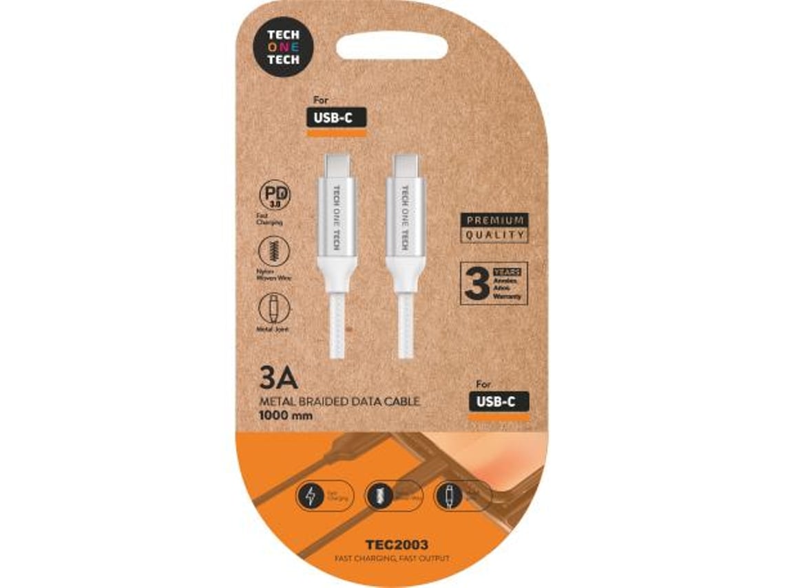 Cabo USB 2.0 Tipo-C Tech One Tech TEC2204/ USB Tipo-C Macho - USB Tipo-C Macho/ 1m/ Branco - Imagem 2