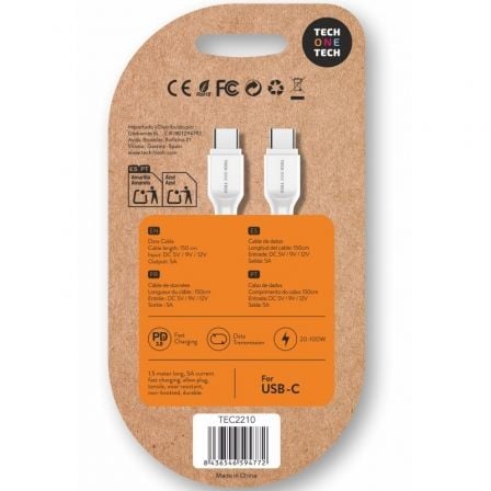 Cabo USB 2.0 Tipo-C Tech One Tech TEC2210/ USB Tipo-C Macho - USB Tipo-C Macho/ Até 100W/ 480Mbps/ 1.5m/ Branco - Imagem 2