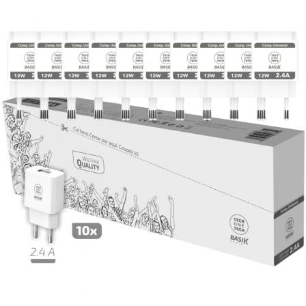 Pack 10 Carregadores de Parede Tech One Tech Basik TEC2954 1xUSB 2.4A 12W Branco
