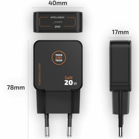 Carregador de Parede GaN Tech One Tech TEC2223/ 1xUSB Tipo-C + Cabo USB Tipo-C/ 20W/ Preto - Imagem 3