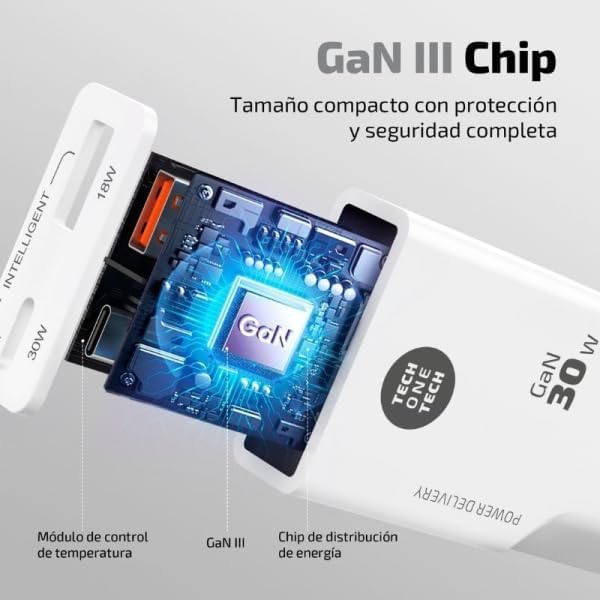 Carregador de Parede GaN Tech One Tech GaN TEC2230/ 1xUSB Tipo-C/ 1xUSB/ 30W/ Branco - Imagem 3