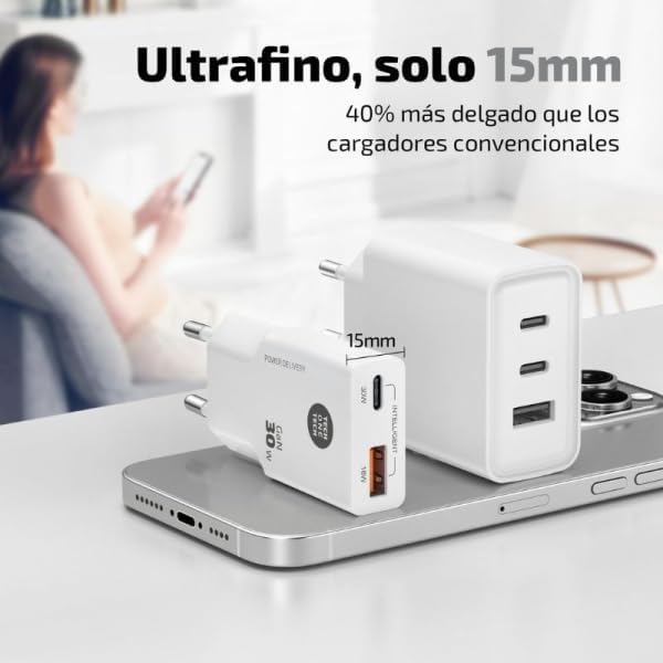 Carregador de Parede GaN Tech One Tech GaN TEC2230/ 1xUSB Tipo-C/ 1xUSB/ 30W/ Branco - Imagem 2