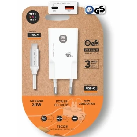 Carregador de Parede Tech One Tech TEC2231 30W 1xUSB-C 1xUSB-A + Cabo USB-C Branco