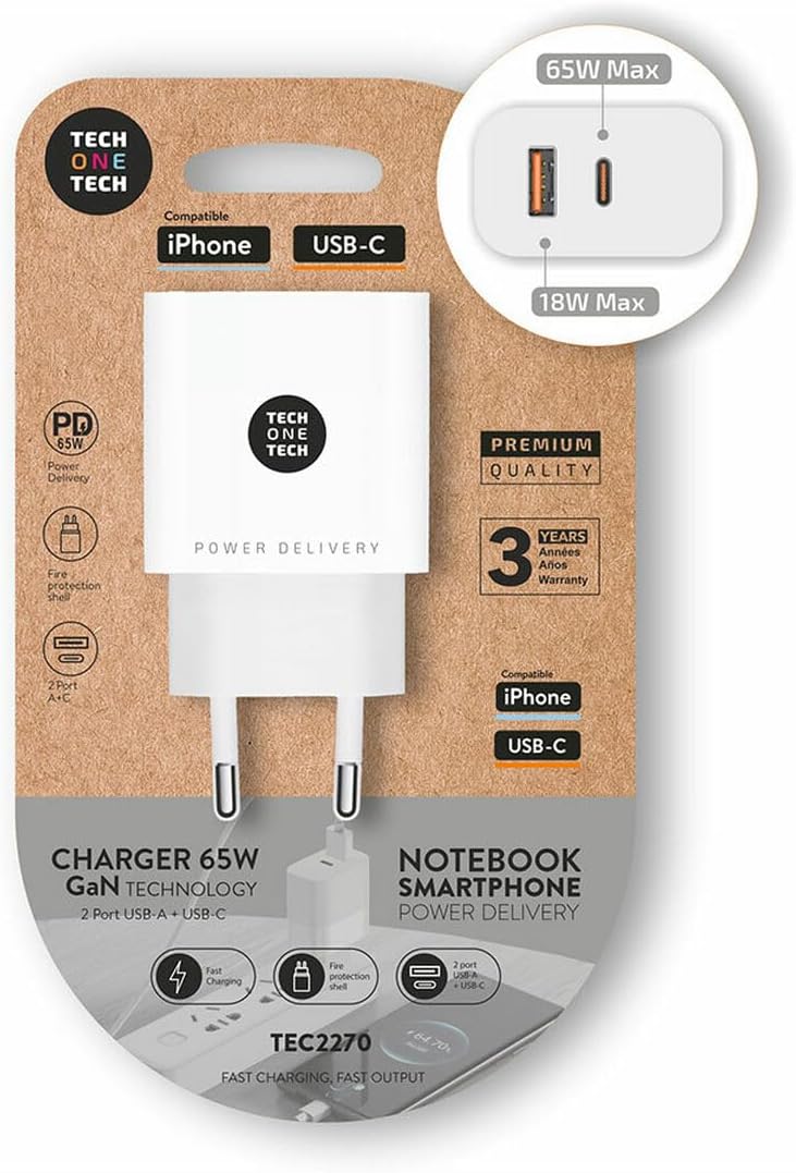 Carregador de Parede GaN Tech One Tech GaN TEC2270/ 1xUSB Tipo-C/ 1xUSB/ 65W/ Branco