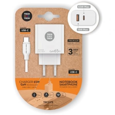 Carregador de Parede GaN Tech One Tech PD TEC2273 / 1xUSB Tipo-C/ 1xUSB/ 65W