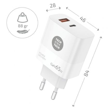 Carregador de Parede GaN Tech One Tech PD TEC2273 / 1xUSB Tipo-C/ 1xUSB/ 65W - Imagem 2