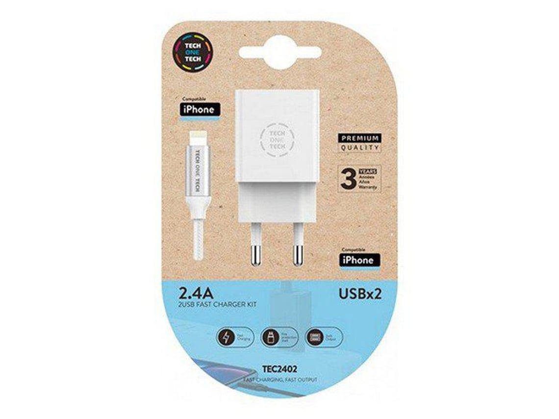 Carregador de Parede Tech One Tech TEC2402/ 2xUSB + Cabo Lightning/ 12W/ Branco