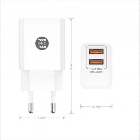 Carregador de Parede Tech One Tech TEC2403/ 2xUSB + Cabo USB Tipo-C/ 12W/ Branco - Imagem 2