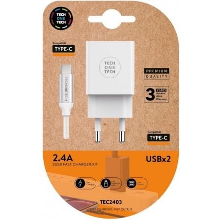 Carregador de Parede Tech One Tech TEC2403/ 2xUSB + Cabo USB Tipo-C/ 12W/ Branco