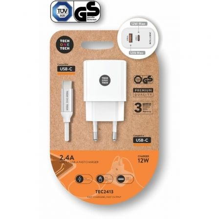 Carregador de Parede Tech One Tech TEC2413/ 1xUSB Tipo-C/ 1xUSB + Cabo USB Tipo-C/ 12W/ Branco