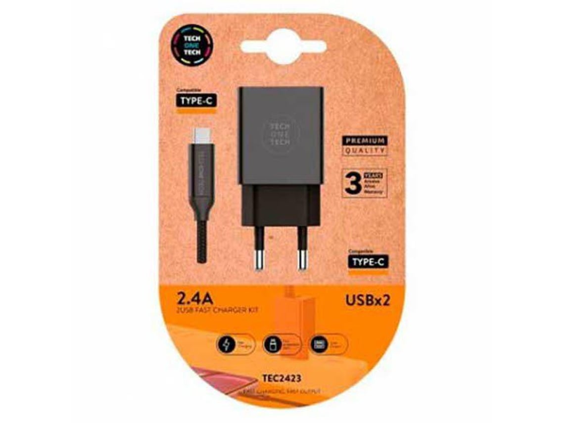Carregador de Parede Tech One Tech TEC2423/ 2xUSB + Cabo USB Tipo-C/ 12W/ Preto