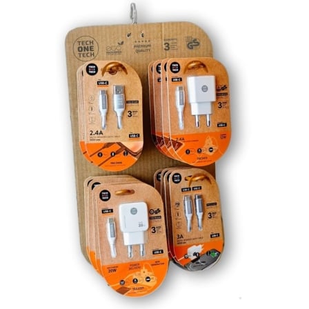 Expositor Tech One Tech EKO 400801 com 4 Ganchos Inclui 16 Produtos Carregadores GaN e Cabos - Imagem 2