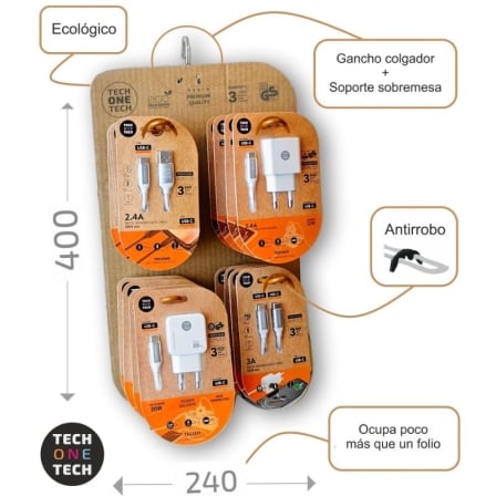Expositor Tech One Tech EKO 400801 com 4 Ganchos Inclui 16 Produtos Carregadores GaN e Cabos - Imagem 3
