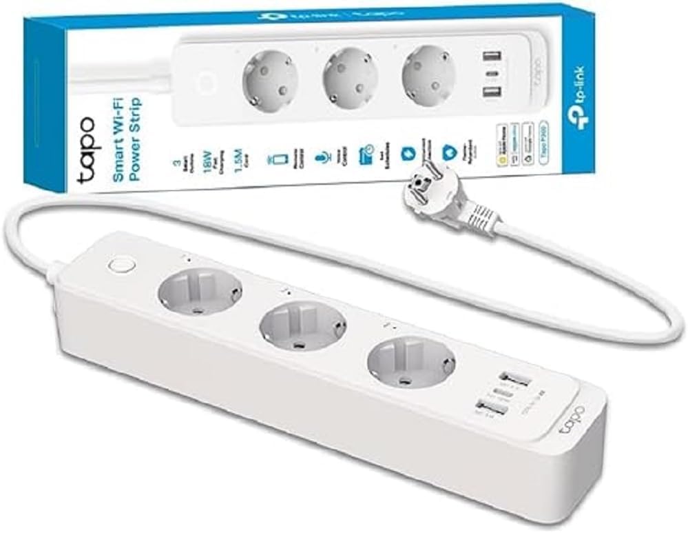 Régua Inteligente TP-Link Tapo P300/ 3 Tomadas de Corrente/ 2 USB Tipo-A/ 1 USB Tipo-C/ WiFi/ Branca