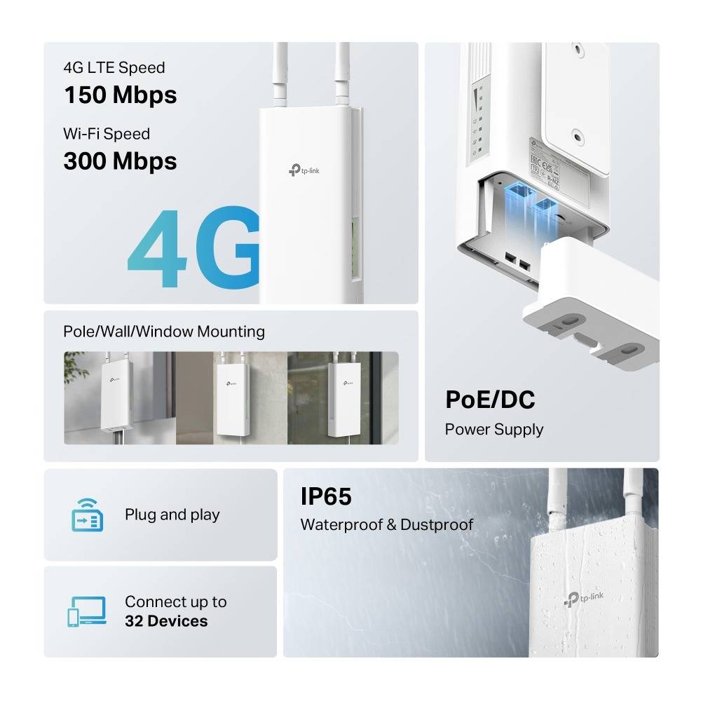 Router Sem Fios 4G TP-Link TL-MR100-Outdoor 300Mbps/ 2.4GHz/ 2 Antenas/ WiFi 802.11 b/g/n - Imagem 3