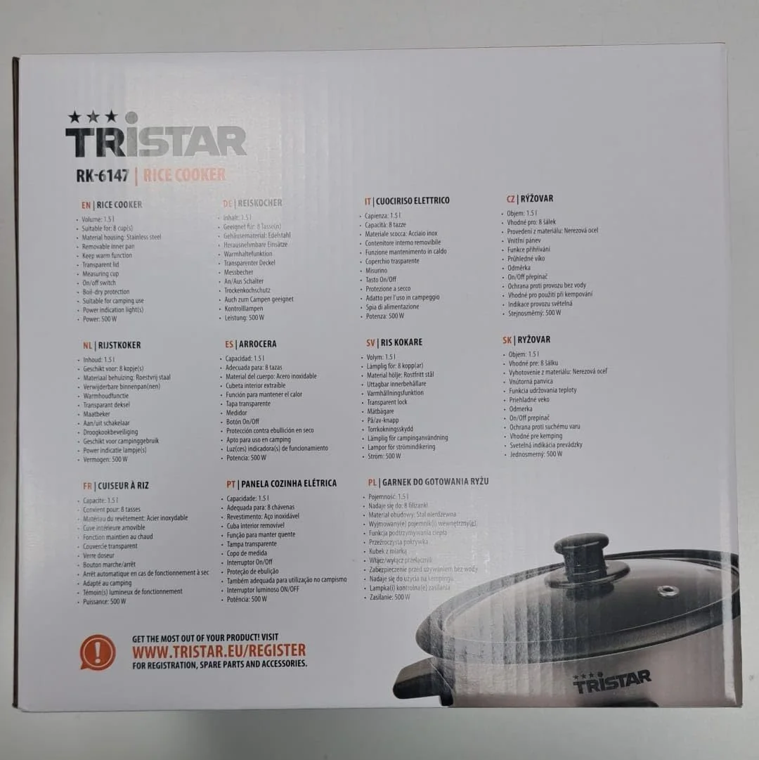 Panela de Arroz Tristar RK-6147 1.5L 500W Capacidade 8 Chávenas Aço Inoxidável Prateado - Imagem 4