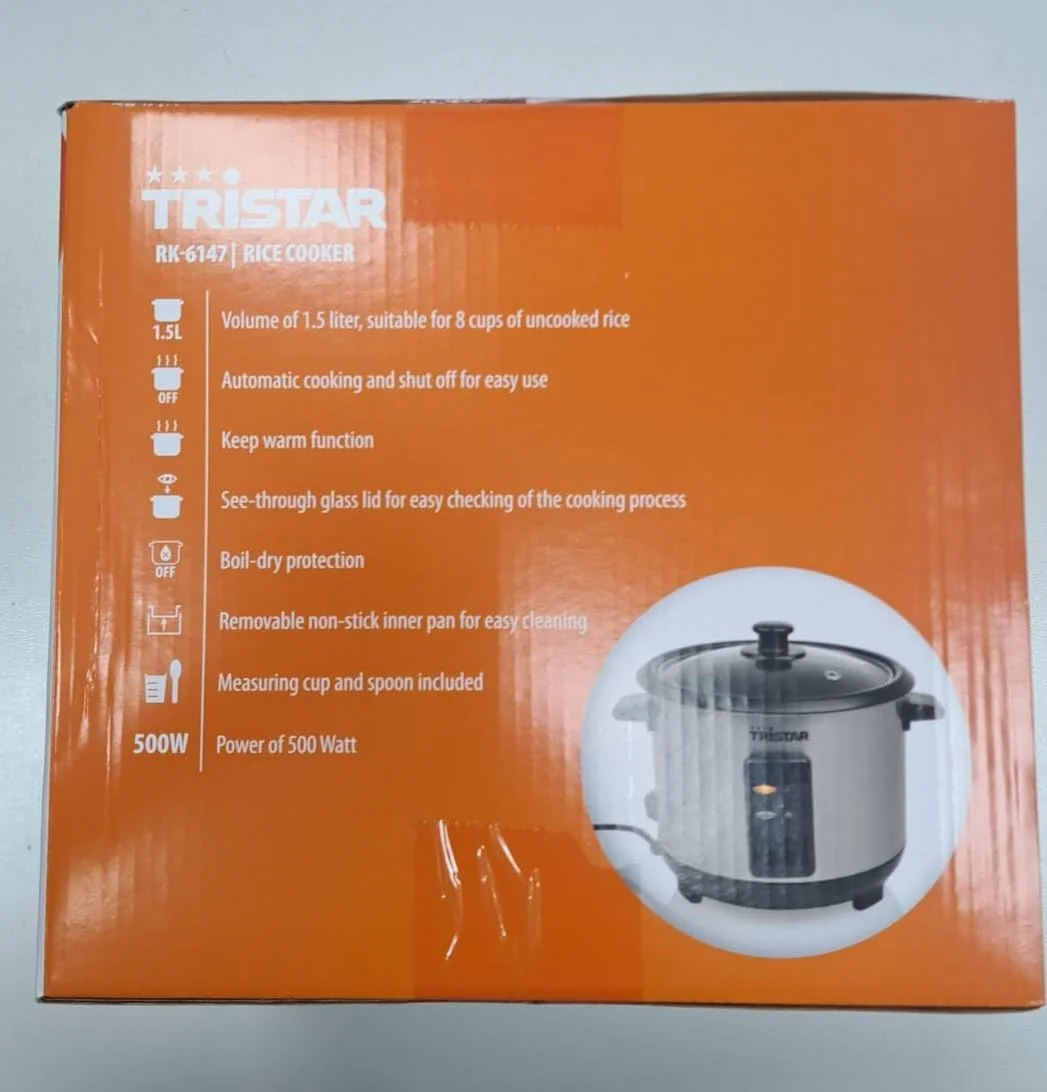 Panela de Arroz Tristar RK-6147 1.5L 500W Capacidade 8 Chávenas Aço Inoxidável Prateado - Imagem 9