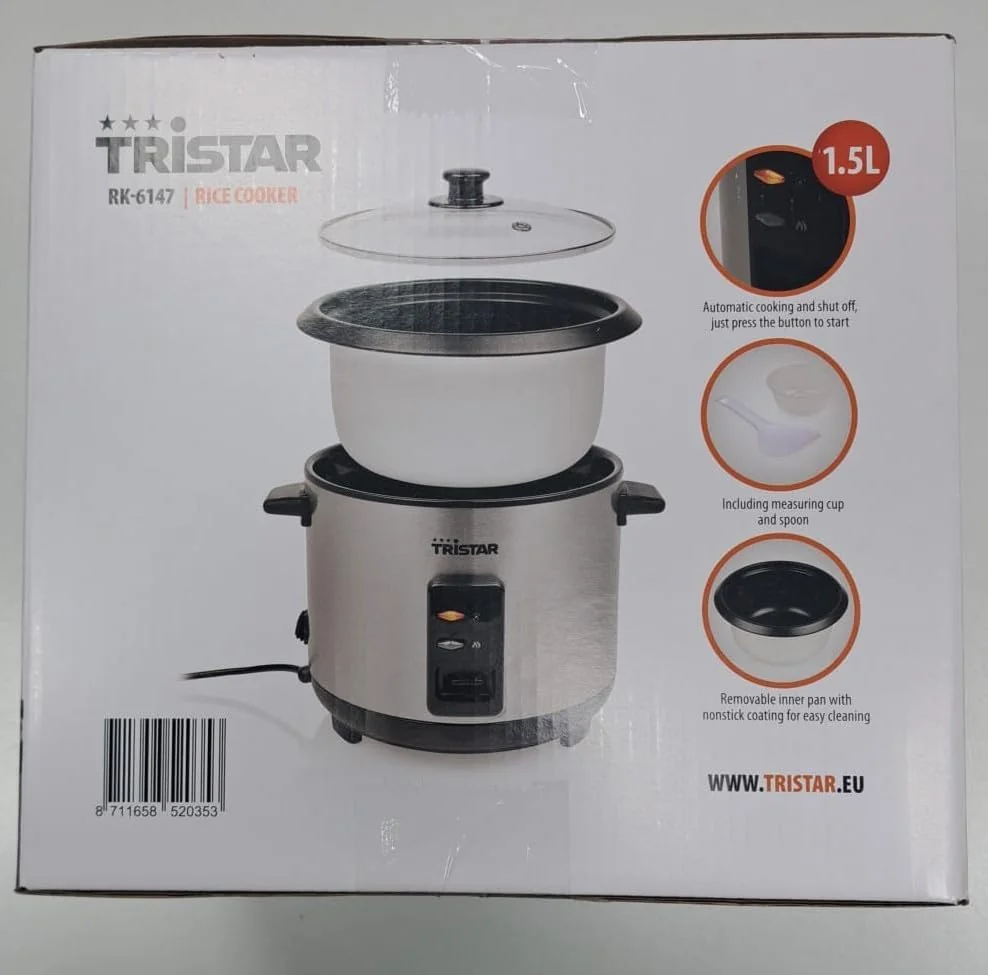 Panela de Arroz Tristar RK-6147 1.5L 500W Capacidade 8 Chávenas Aço Inoxidável Prateado - Imagem 3