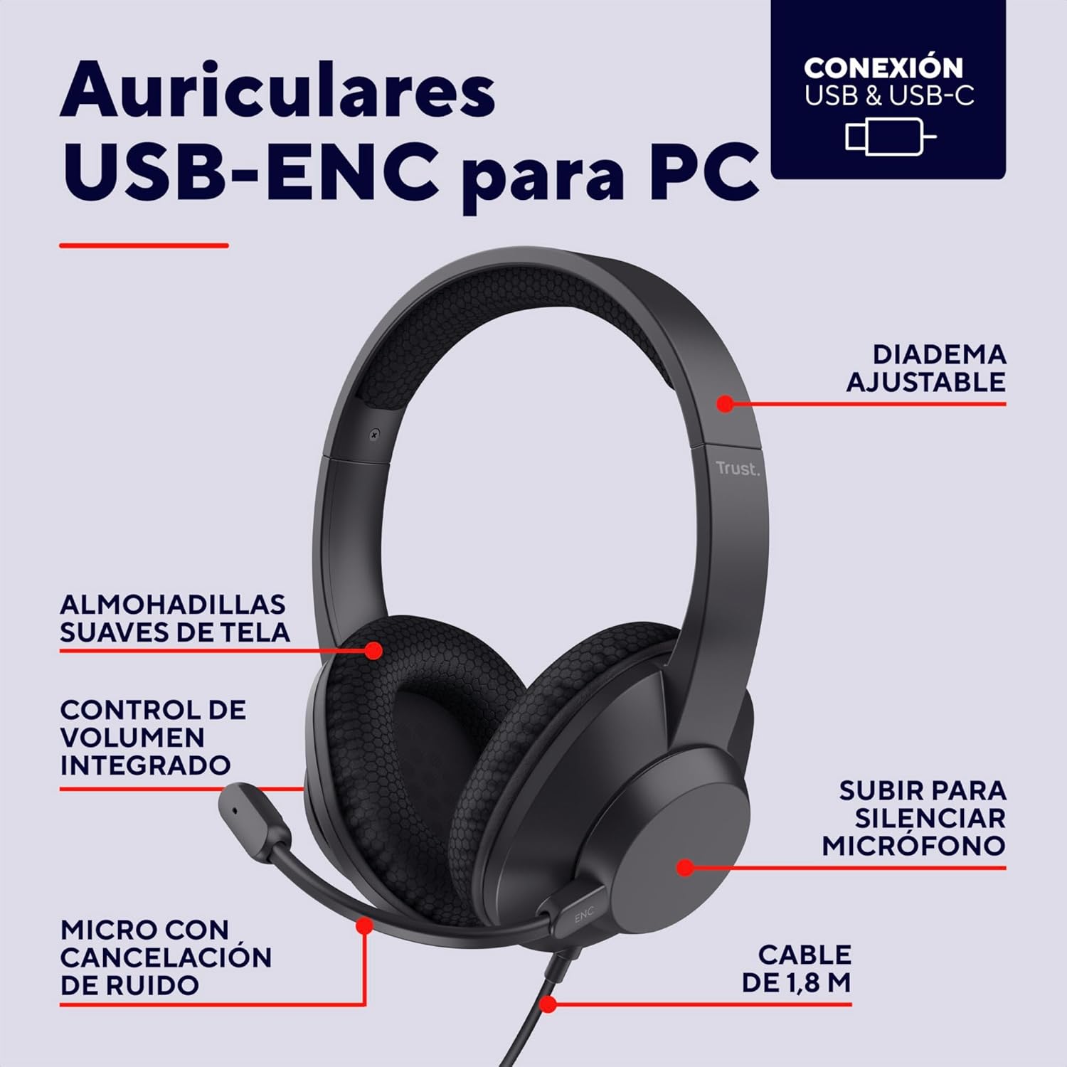 Auriculares Trust Ayda Max USB-ENC/ com Microfone/ USB/ Pretos - Imagem 2