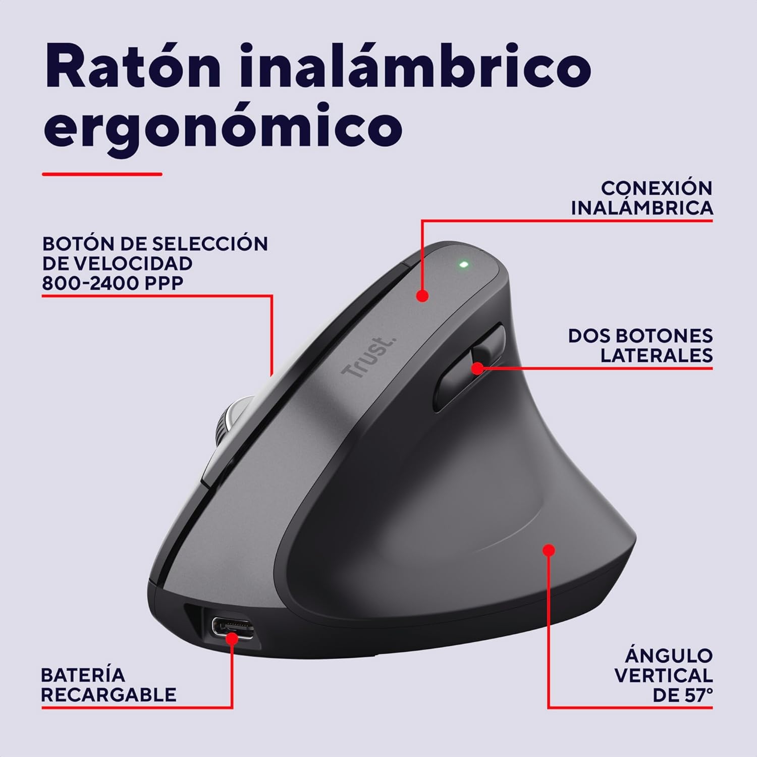 Rato Vertical Sem Fios por Bluetooth Trust Bayo+/ Bateria Recarregável/ Até 2400 DPI - Imagem 2