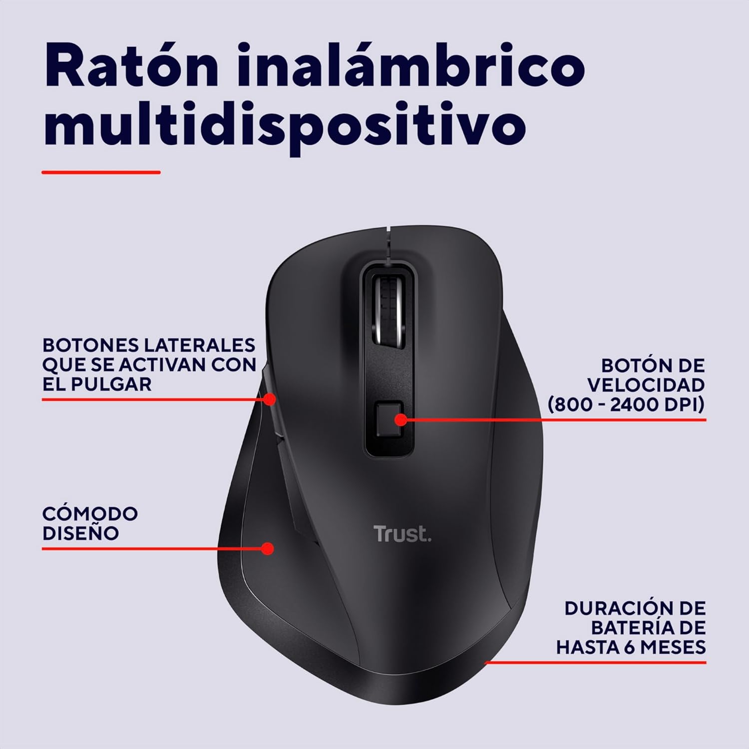 Rato Ergonómico Sem Fios Trust Fyda Multidispositivo/ Bateria recarregável/ Até 2400 DPI - Imagem 2