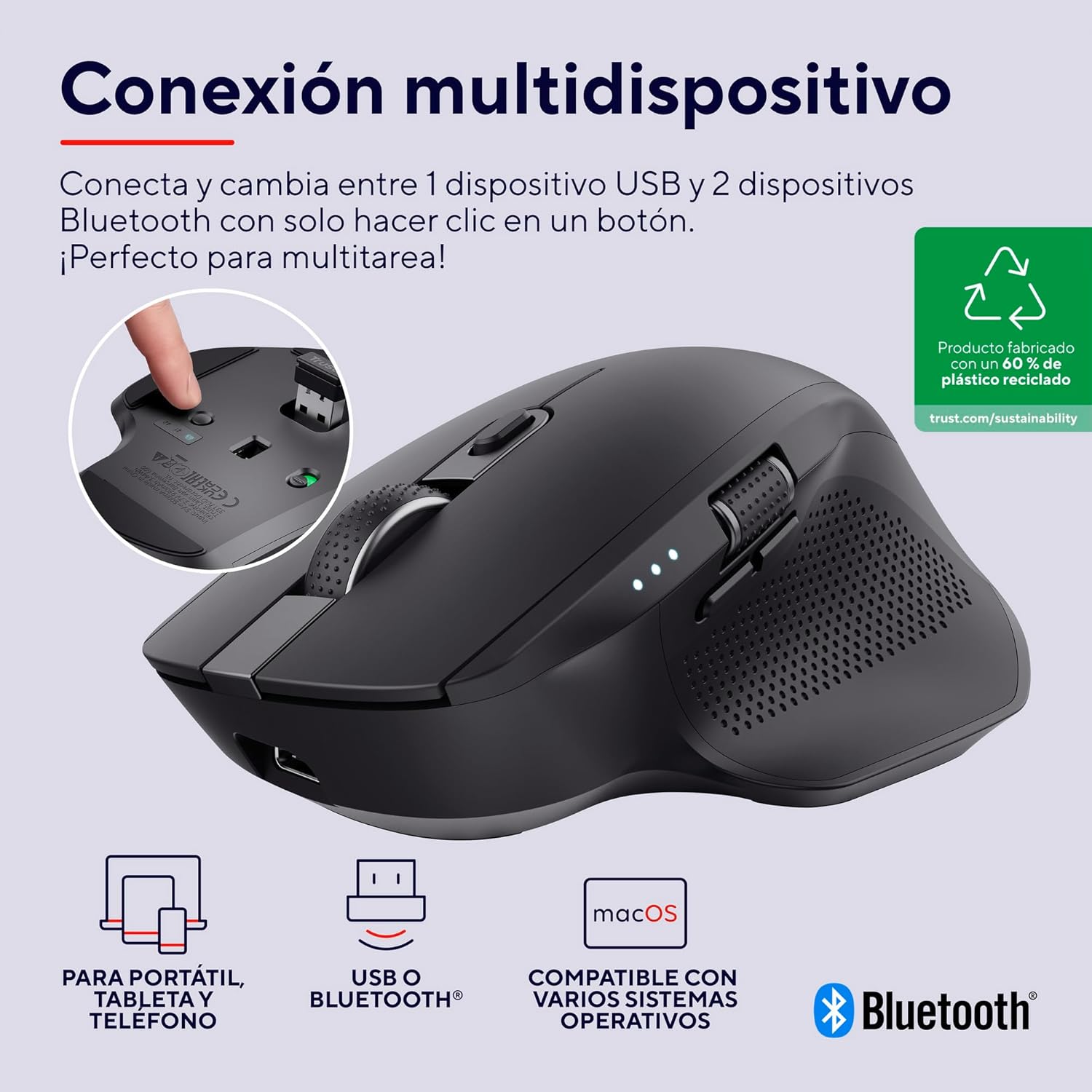 Rato Sem Fios por Bluetooth Trust Ozaa+/ Bateria Recarregável/ Até 3200 DPI - Imagem 2