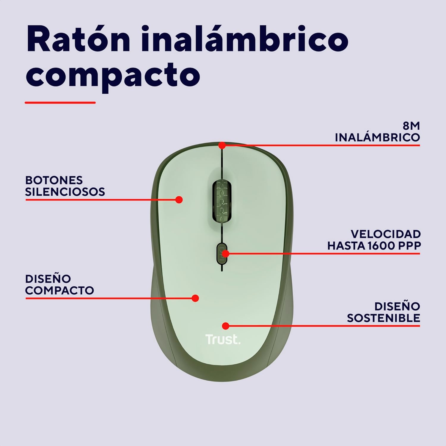 Rato Mini Sem Fios Trust Yvi+ Silent/ Até 1600 DPI/ Verde - Imagem 2